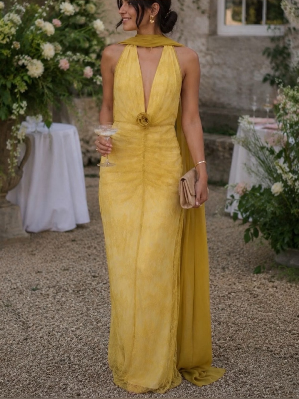DE LA VALI Amora Yellow Lace Halter Scarf Maxi Dress REVOLVE
